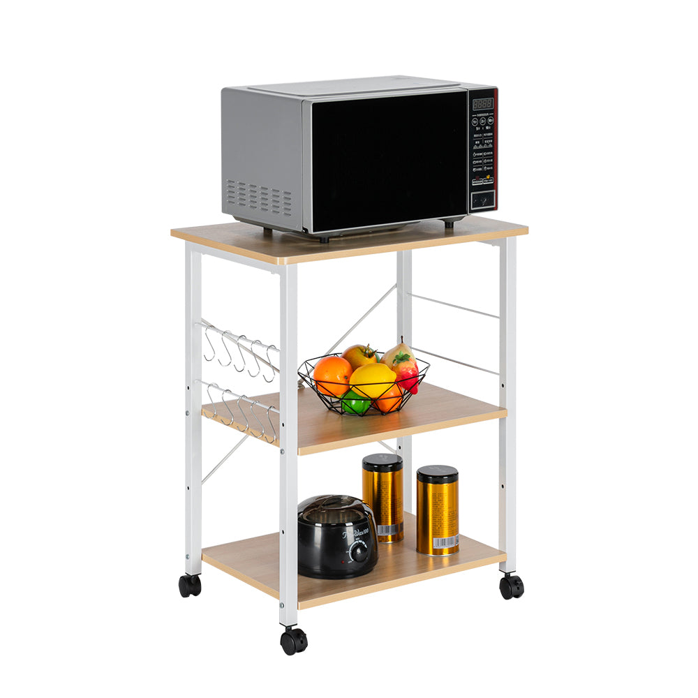 HAOYYE Baker’s Rack 3-Tier Kitchen Utility Microwave Oven Stand Storage Cart Workstation Shelf Light Beige Top White Metal Frame Durable Sturdy Multifunctional Modern Home Organizer Space-Saving Storage Solution for Kitchen