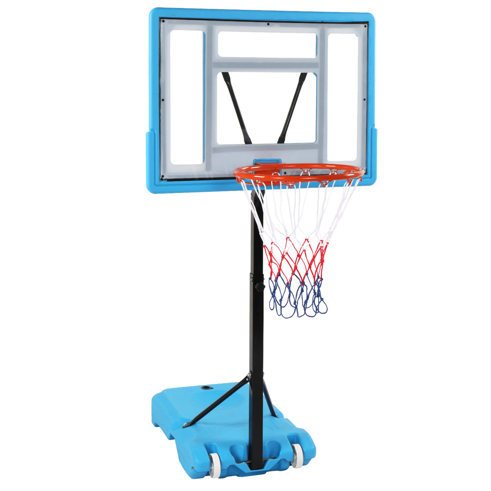 HAOYYE PVC Transparent Board Basketball Hoop for Poolside with Adjustable Height 115-135cm, Portable Basketball Stand with Nylon Net and Water or Sand Filled Base, Easy Setup and Relocation, Ideal for Poolside Fun and Outdoor Games