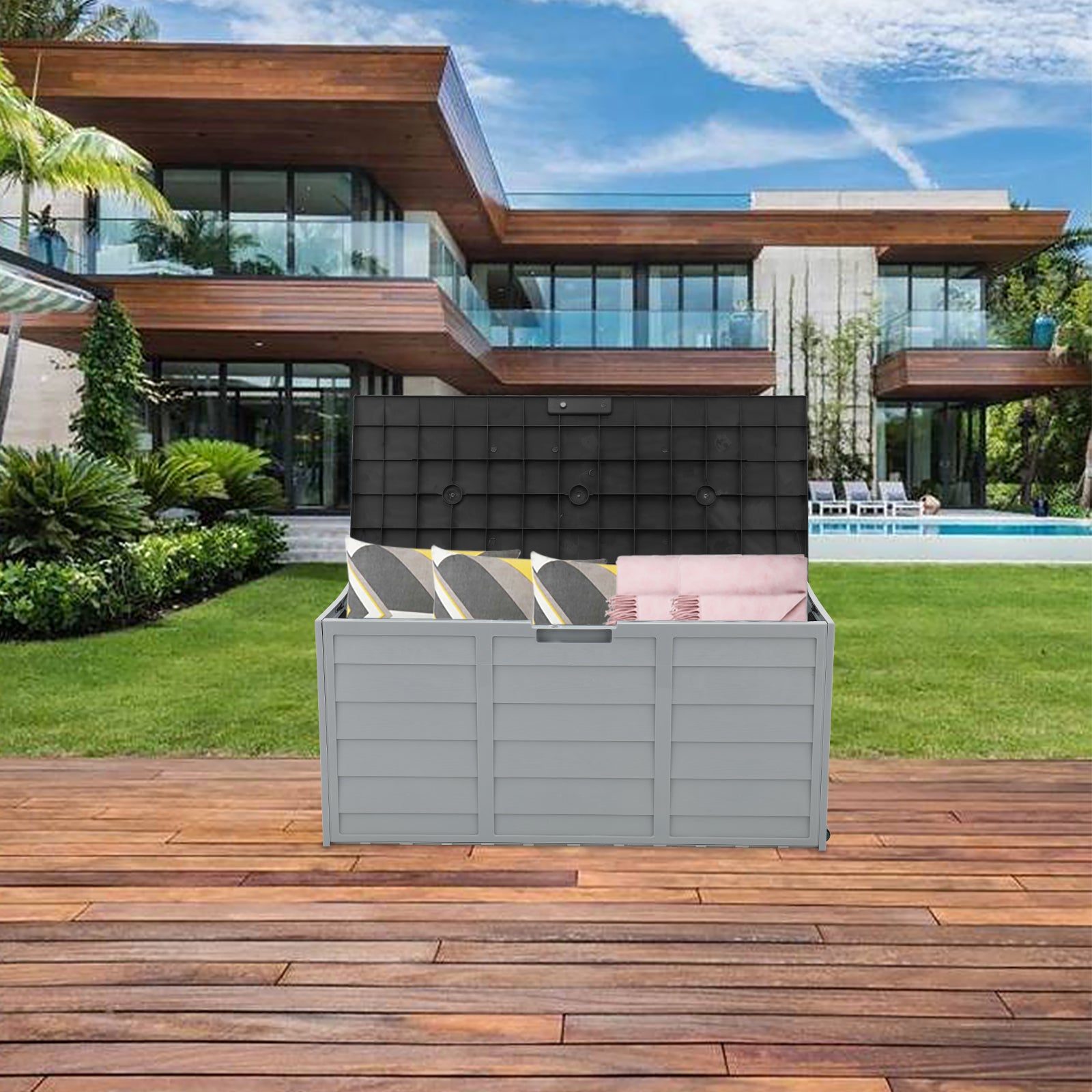 HAOYYE 75gal Outdoor Garden Storage Deck Box Chest with Lockable Lid Wheels and Handles for Patio Garage Tools Cushions Toys Weatherproof Plastic Organizer