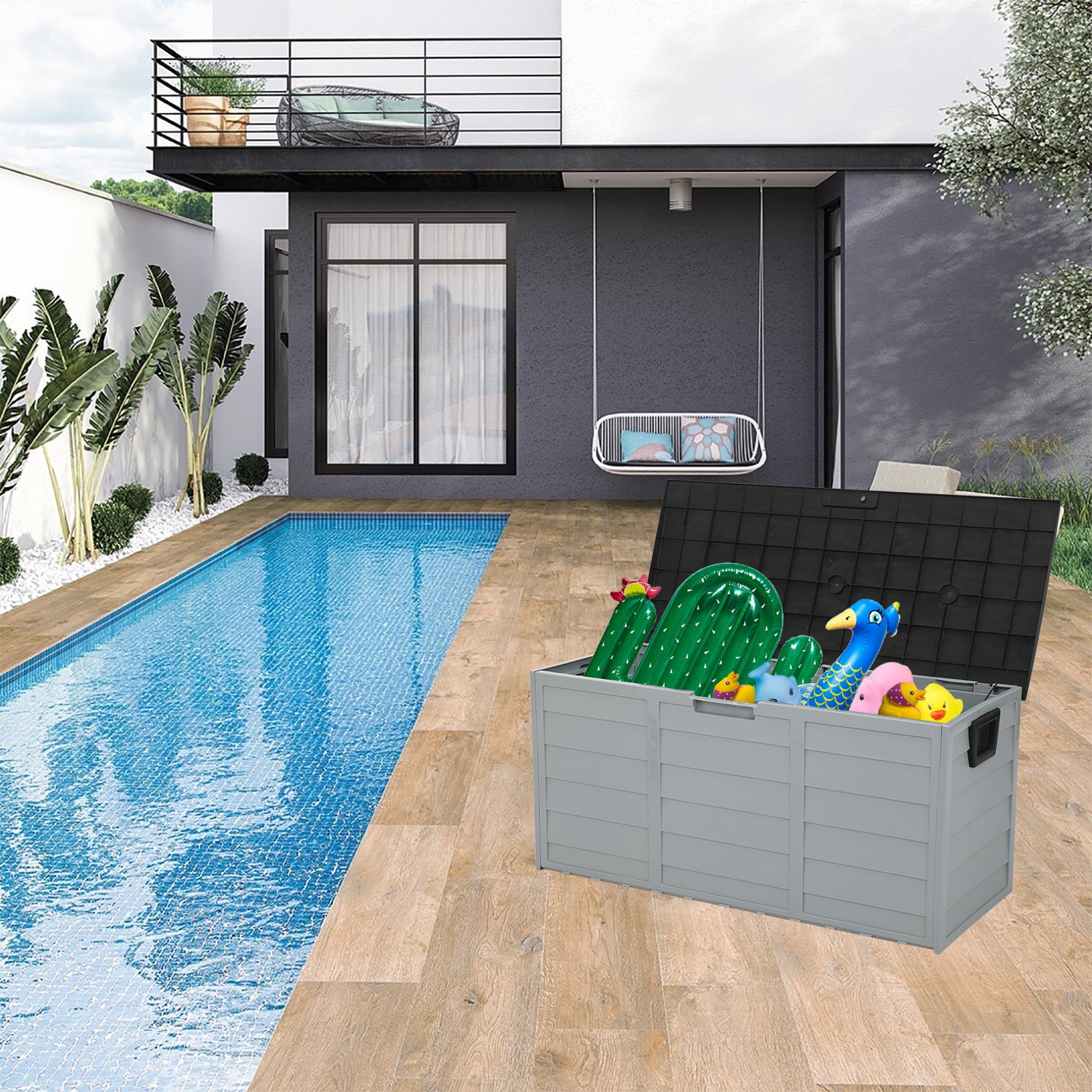 HAOYYE 75gal Outdoor Garden Storage Deck Box Chest with Lockable Lid Wheels and Handles for Patio Garage Tools Cushions Toys Weatherproof Plastic Organizer