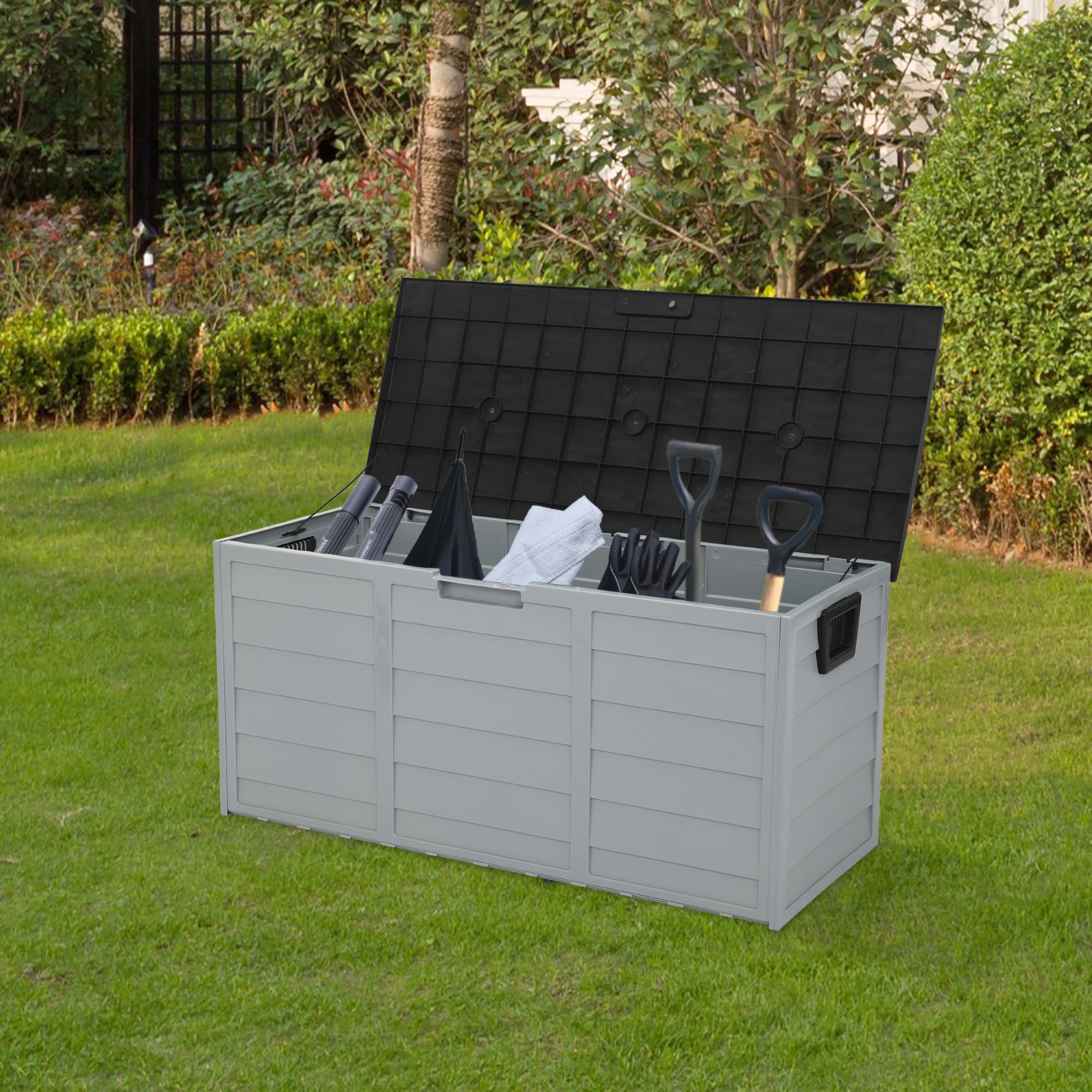 HAOYYE 75gal Outdoor Garden Storage Deck Box Chest with Lockable Lid Wheels and Handles for Patio Garage Tools Cushions Toys Weatherproof Plastic Organizer