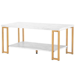 HAOYYE Simple Double-Layer Golden Iron Pipe Marble PVC Coffee Table, Rectangular Design, Luxury Home Decor, Premium Quality, Modern and Elegant, Comfortable, Decorative for Living Room, Office, and More