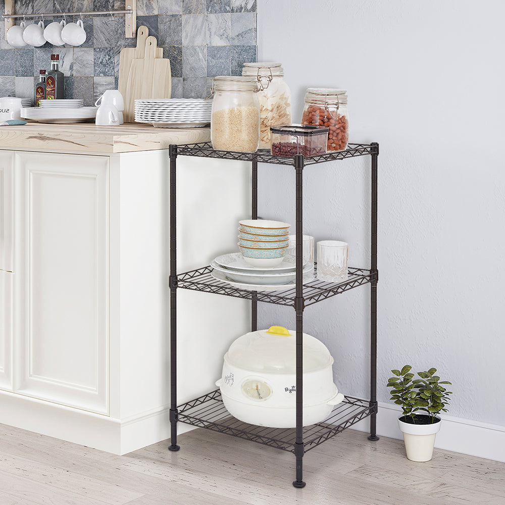 HAOYYE Black 3-Tier Wire Shelving Tower, Durable Metal Storage Rack For Home, Office, And Kitchen, Sturdy And Space-Saving Design With Adjustable Shelves, Modern Black Finish, Sleek And Stylish Organizer For Bathroom, Closet, Pantry, And Garage.