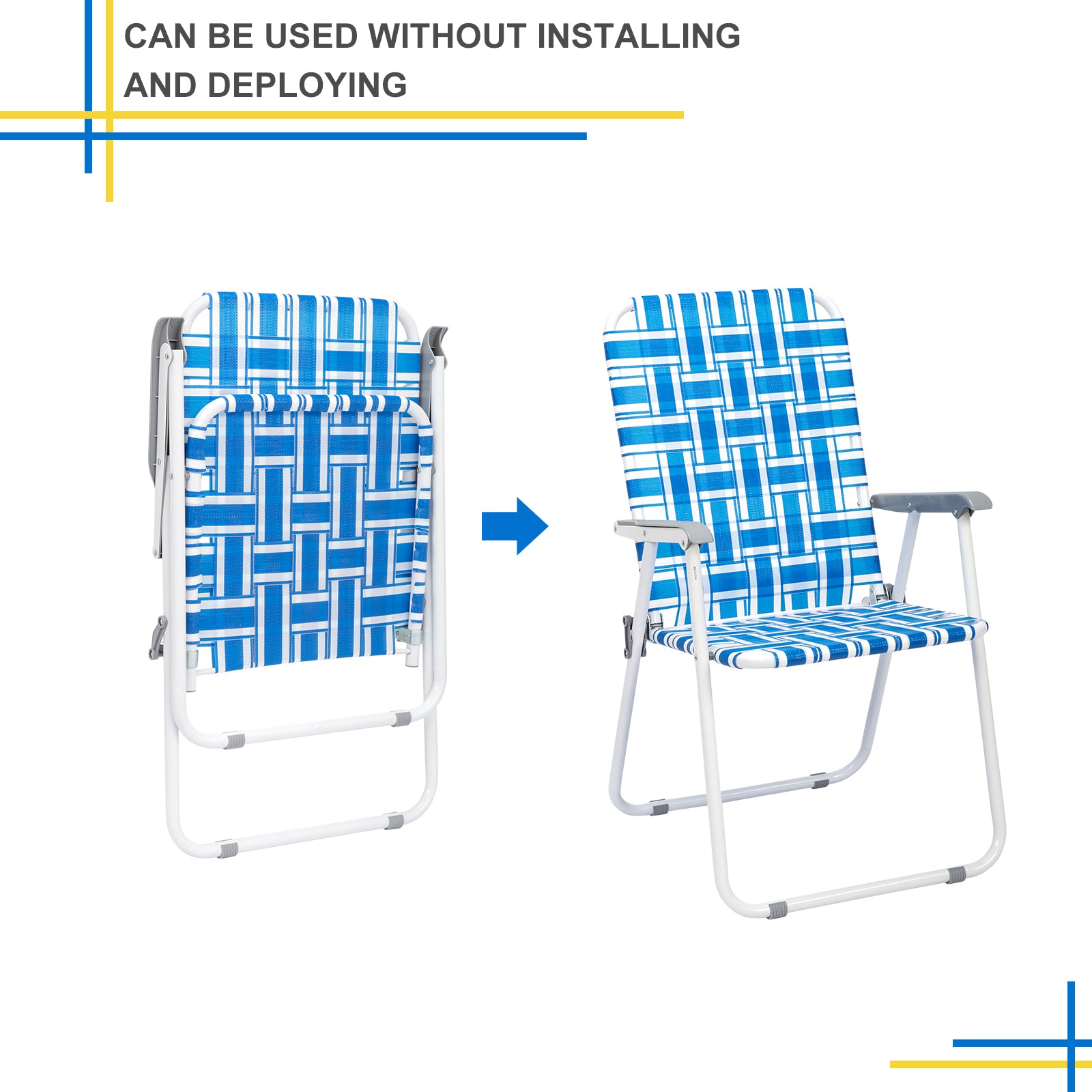 Haoyye 2pcs Steel Tube PP Webbing Folding Beach Chair, Adjustable Lounge Chair with 120kg Weight Capacity, Comfortable and Portable Outdoor Seating for Beach, Camping, and Outdoor Sports, Blue & White Stripes