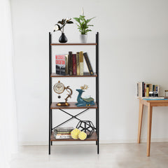 HAOYYE Simple and Modern Four-Tier Steel Wood Bookshelf, Open Storage Display Shelf with Sturdy Metal Frame and Wooden Boards, Space-Saving Freestanding Bookcase for Living Room Office Bedroom Apartment, Minimalist Industrial Style