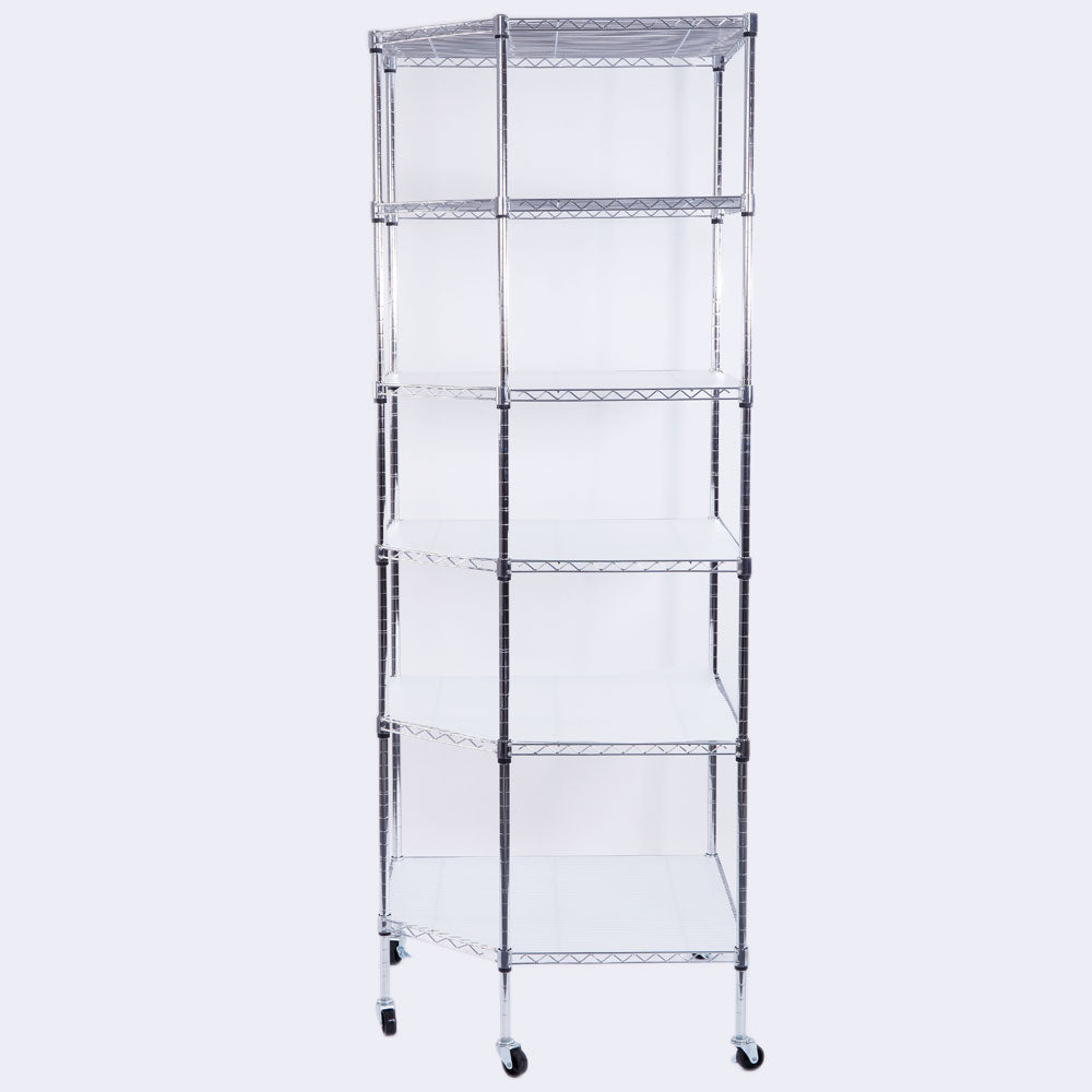 HAOYYE 6-Layer Chrome Plated Polygonal Corner Shelf with 2" PP Wheels, Silver, Space-Saving Design for Organizing Accessories, Makeup, Tools, and More, Durable High-Grade Iron Construction, Modern Decorative Storage Shelf for Home, Office, or Shop