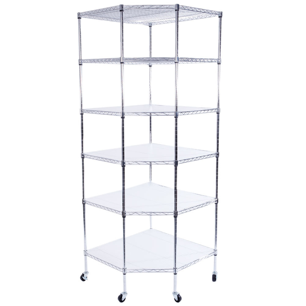 HAOYYE 6-Layer Chrome Plated Polygonal Corner Shelf with 2" PP Wheels, Silver, Space-Saving Design for Organizing Accessories, Makeup, Tools, and More, Durable High-Grade Iron Construction, Modern Decorative Storage Shelf for Home, Office, or Shop