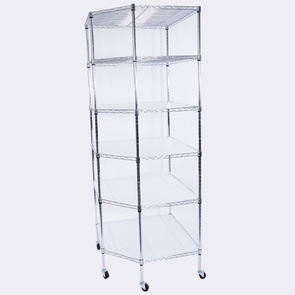 HAOYYE 6-Layer Chrome Plated Polygonal Corner Shelf with 2" PP Wheels, Silver, Space-Saving Design for Organizing Accessories, Makeup, Tools, and More, Durable High-Grade Iron Construction, Modern Decorative Storage Shelf for Home, Office, or Shop