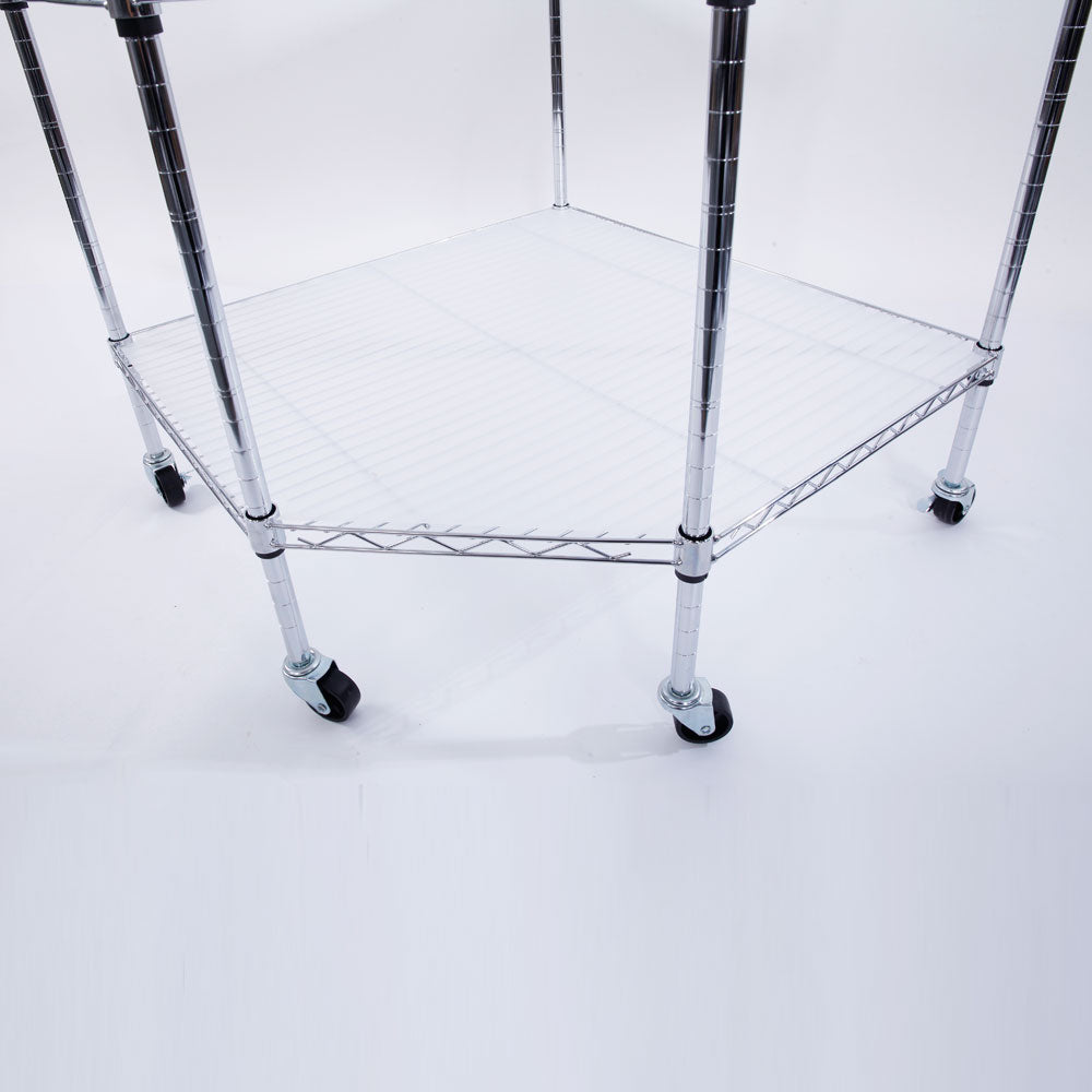 HAOYYE 6-Layer Chrome Plated Polygonal Corner Shelf with 2" PP Wheels, Silver, Space-Saving Design for Organizing Accessories, Makeup, Tools, and More, Durable High-Grade Iron Construction, Modern Decorative Storage Shelf for Home, Office, or Shop