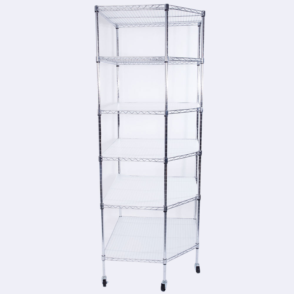 HAOYYE 6-Layer Chrome Plated Polygonal Corner Shelf with 2" PP Wheels, Silver, Space-Saving Design for Organizing Accessories, Makeup, Tools, and More, Durable High-Grade Iron Construction, Modern Decorative Storage Shelf for Home, Office, or Shop