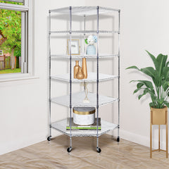 HAOYYE 6-Layer Chrome Plated Polygonal Corner Shelf with 2" PP Wheels, Silver, Space-Saving Design for Organizing Accessories, Makeup, Tools, and More, Durable High-Grade Iron Construction, Modern Decorative Storage Shelf for Home, Office, or Shop