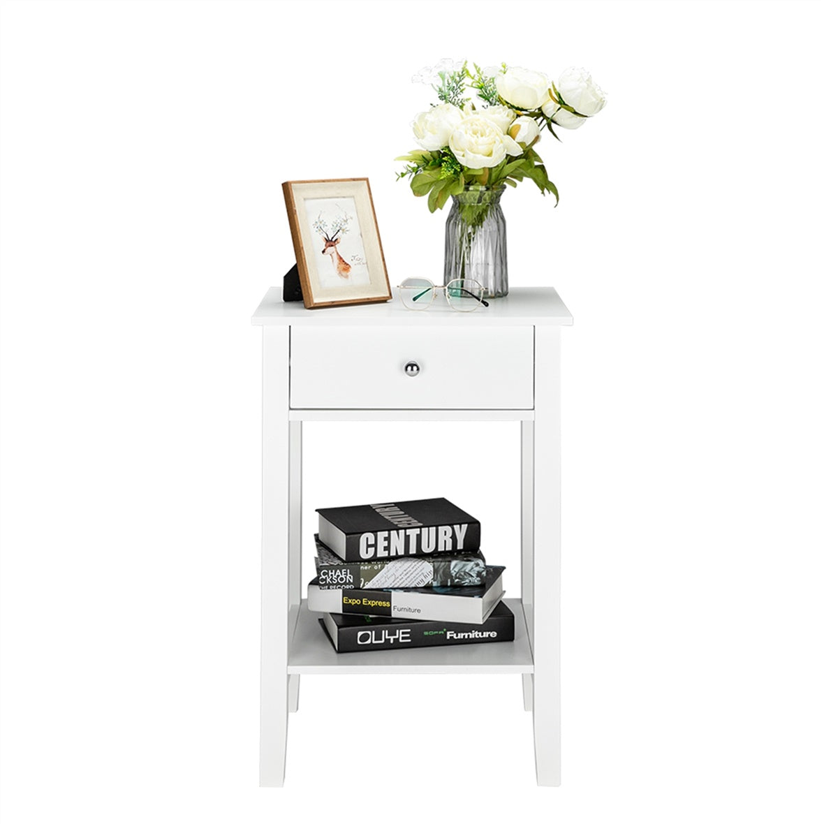 HAOYYE Two-Layer Bedside Cabinet with Drawer White Sturdy Design Durable Multifunctional Modern Home Organizer Storage Solution Practical Stylish Space-Saving Organizer for Bedroom and Living Room