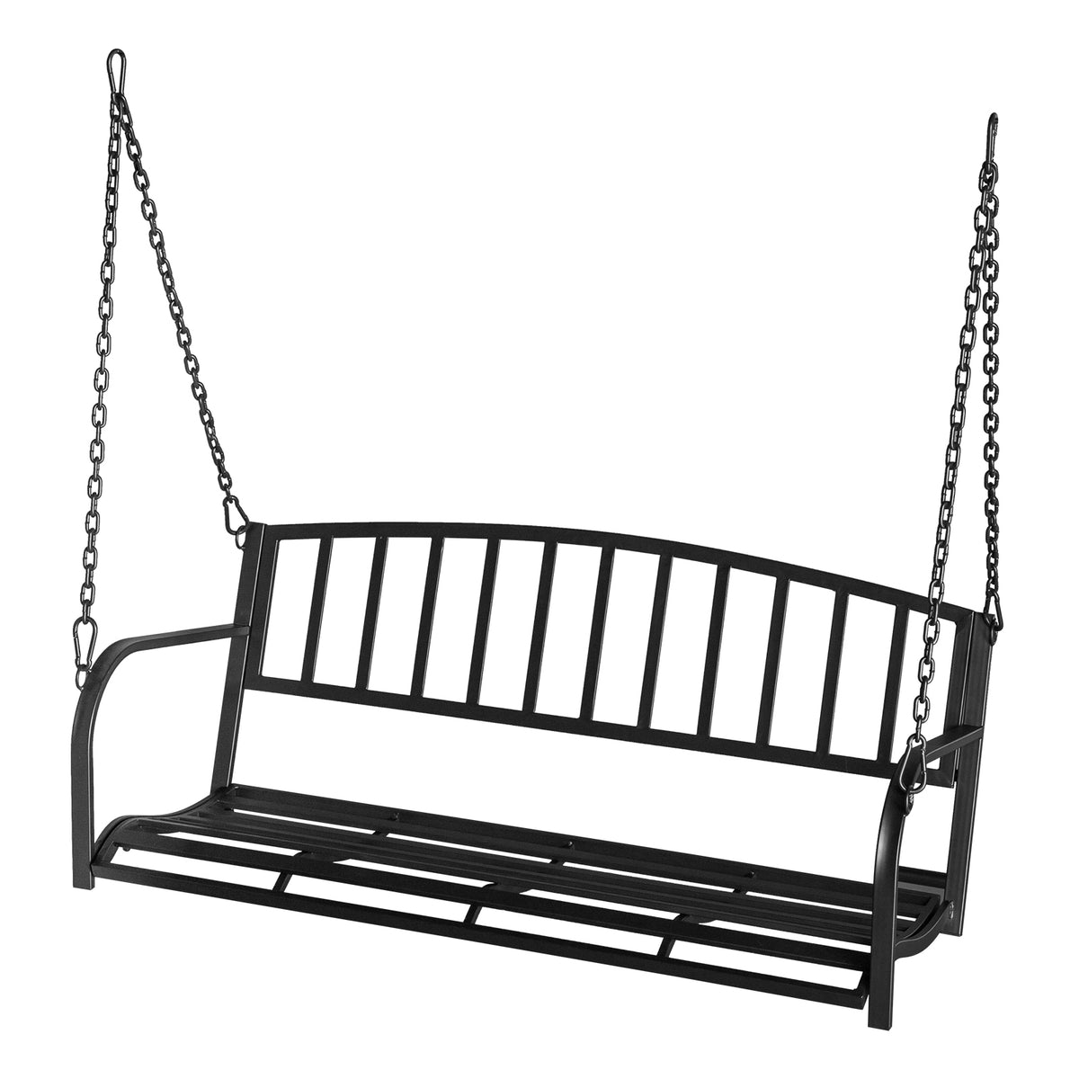 HAOYYE Black Iron Porch Swing with Vertical Slat Backrest and Hanging Chains Heavy Duty 200kg Capacity Metal Swing Seat for Patio Garden Balcony Outdoor Use Swing Frame Not Included