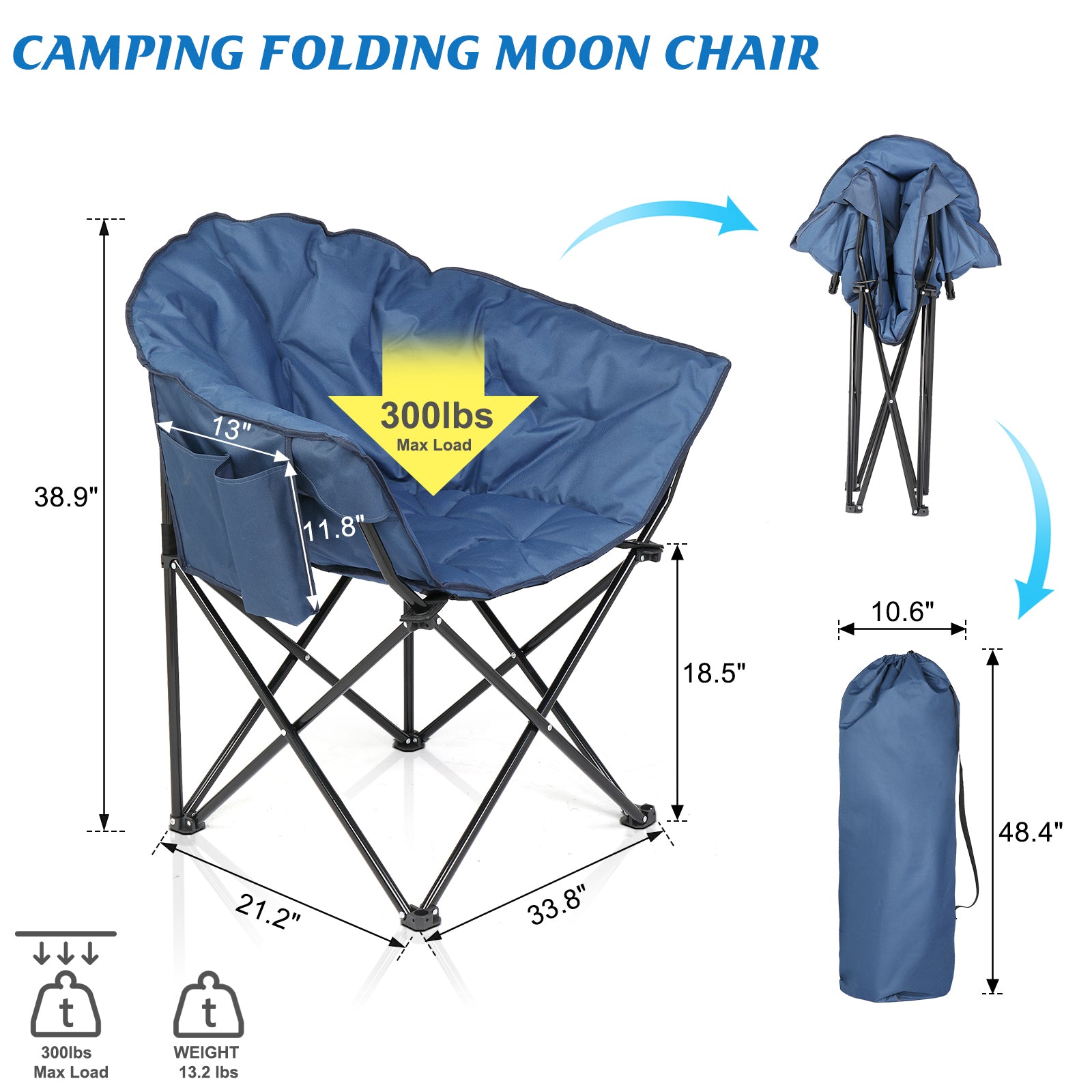 Haoyye Camping Chair, Blue Alloy Steel Frame, Foldable and Durable, Perfect for Camping, Fishing, Outdoor Relaxation, Lightweight and Comfortable Chair with 300lbs Capacity