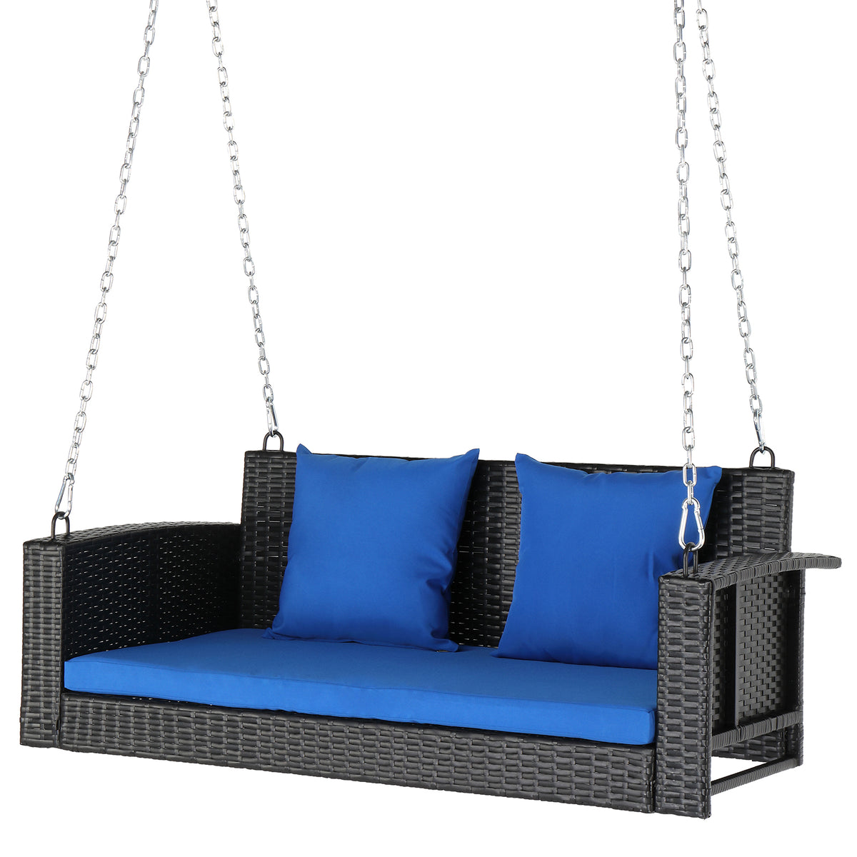 HAOYYE 49in Black Rattan Swing Chair with Blue Cushion Hanging Wicker Seat for Patio Balcony Indoor Outdoor Use Comfortable Egg Style Hammock Chair Without Swing Frame Lightweight and Durable Design