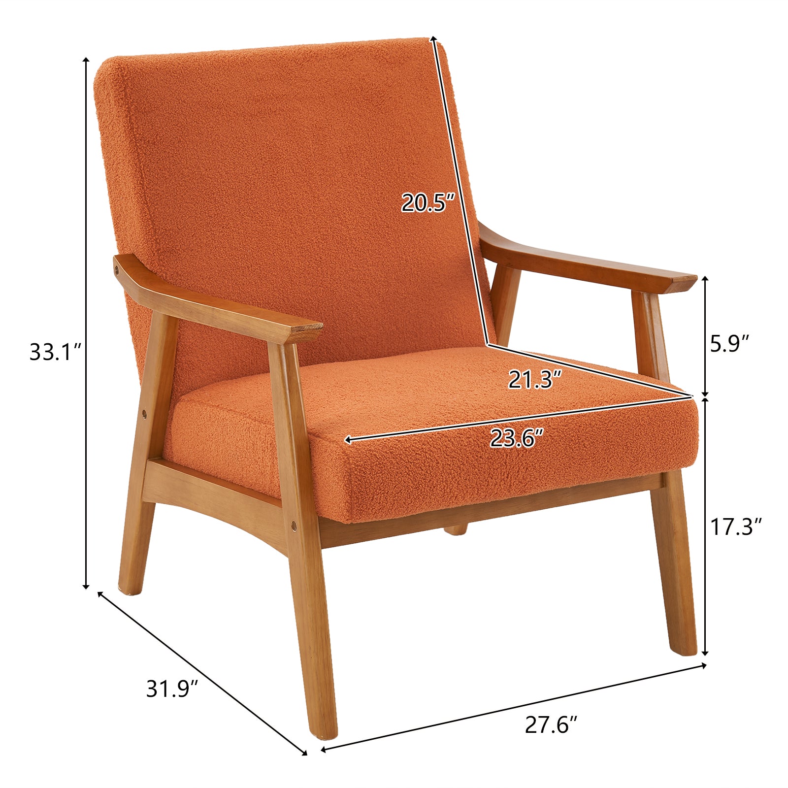 HAOYYE Solid Wood Armrest Teddy Velvet Single Indoor Lounge Chair with Backrest, Burnt Orange, Premium Quality, Soft Cozy Fleece Fabric, Luxury Home Decor, Comfortable and Unique Design for Living Room, Bedroom, and Study