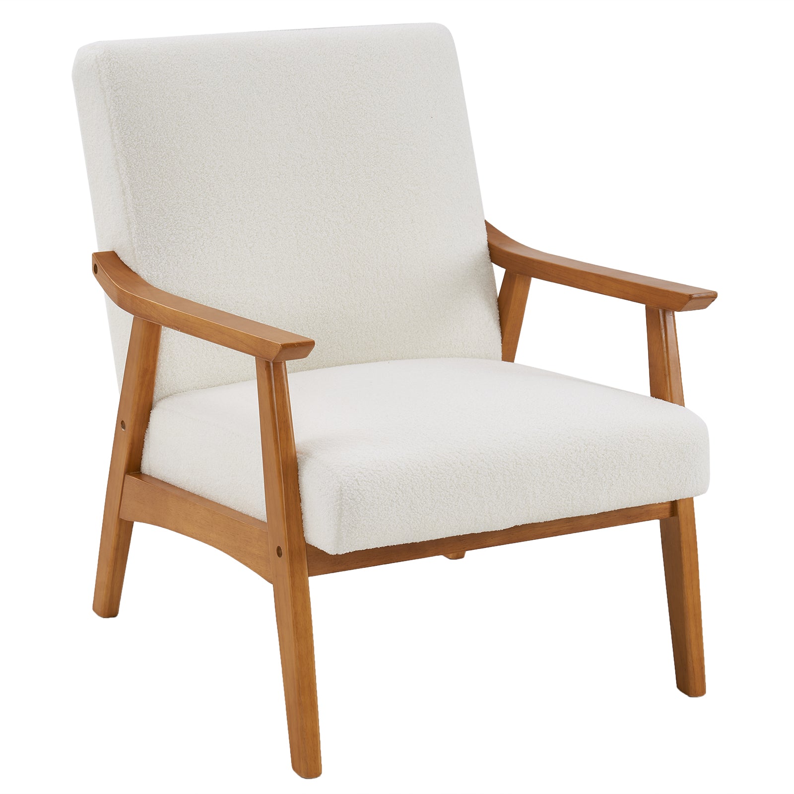 HAOYYE Solid Wood Armrest Lounge Chair, Creamy-White Teddy Velvet, Cozy Single Accent Chair For Living Room, Bedroom, Guestroom.