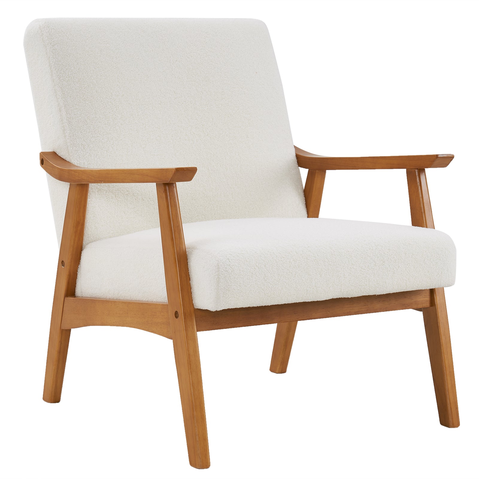 HAOYYE Solid Wood Armrest Lounge Chair, Creamy-White Teddy Velvet, Cozy Single Accent Chair For Living Room, Bedroom, Guestroom.