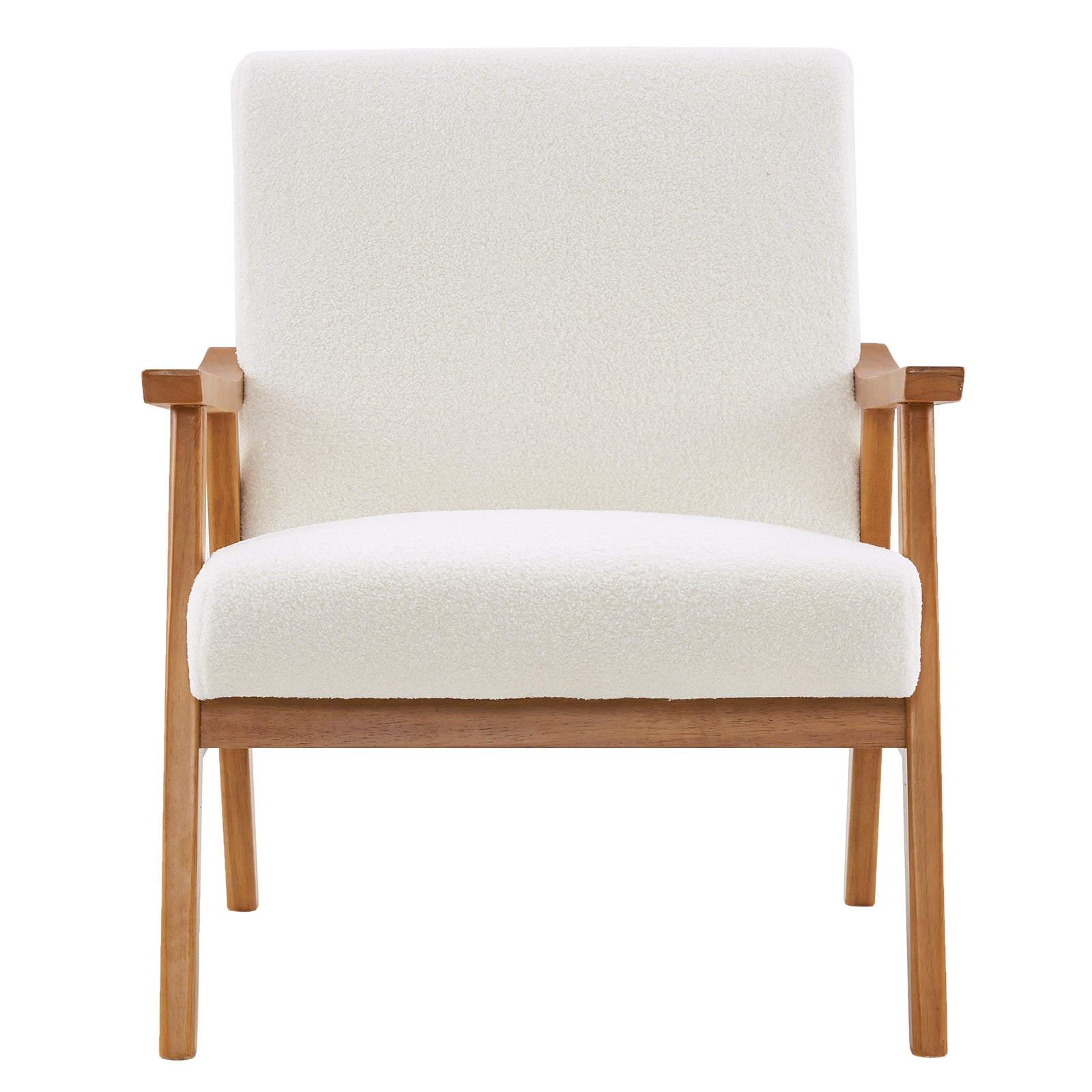 HAOYYE Solid Wood Armrest Lounge Chair, Creamy-White Teddy Velvet, Cozy Single Accent Chair For Living Room, Bedroom, Guestroom.