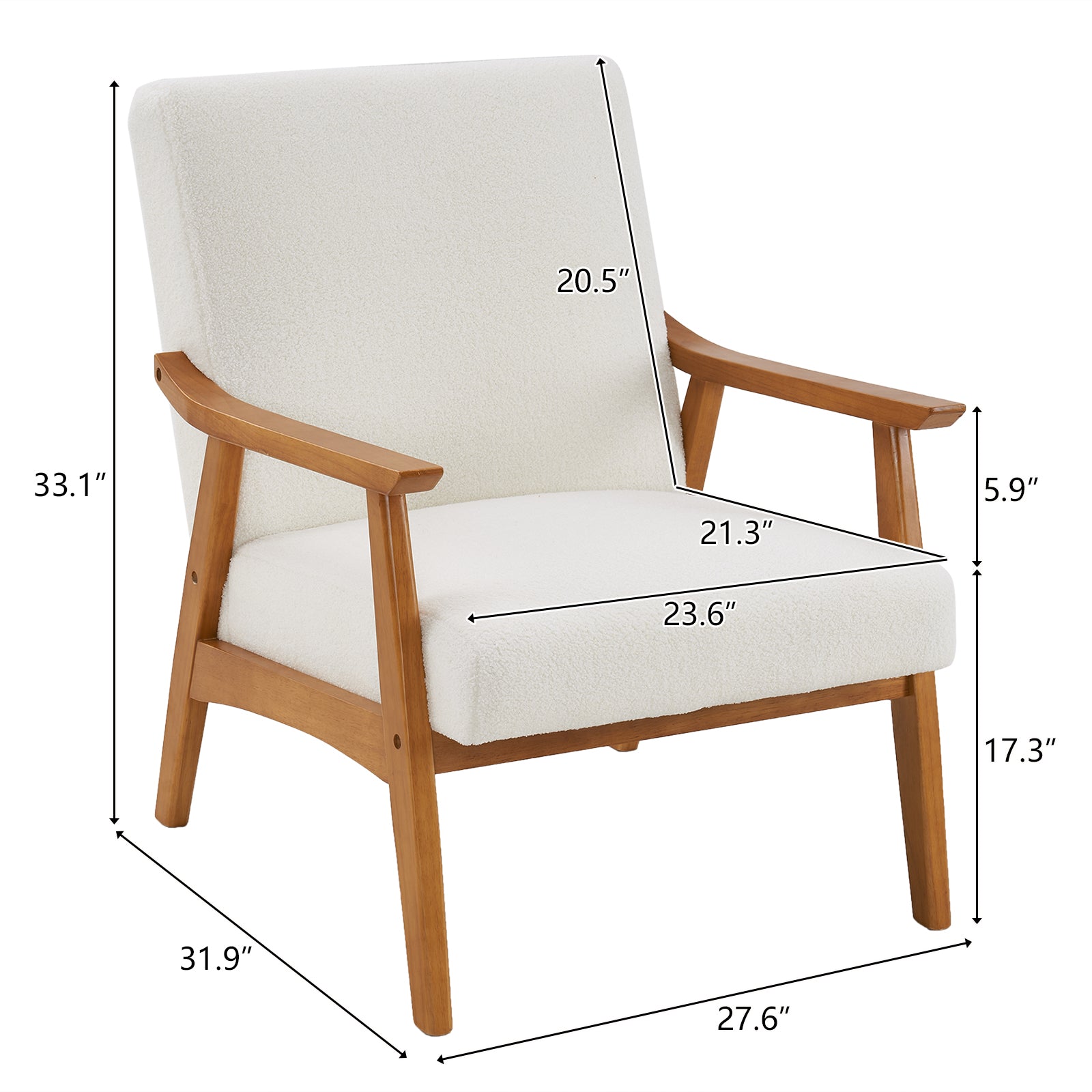 HAOYYE Solid Wood Armrest Lounge Chair, Creamy-White Teddy Velvet, Cozy Single Accent Chair For Living Room, Bedroom, Guestroom.
