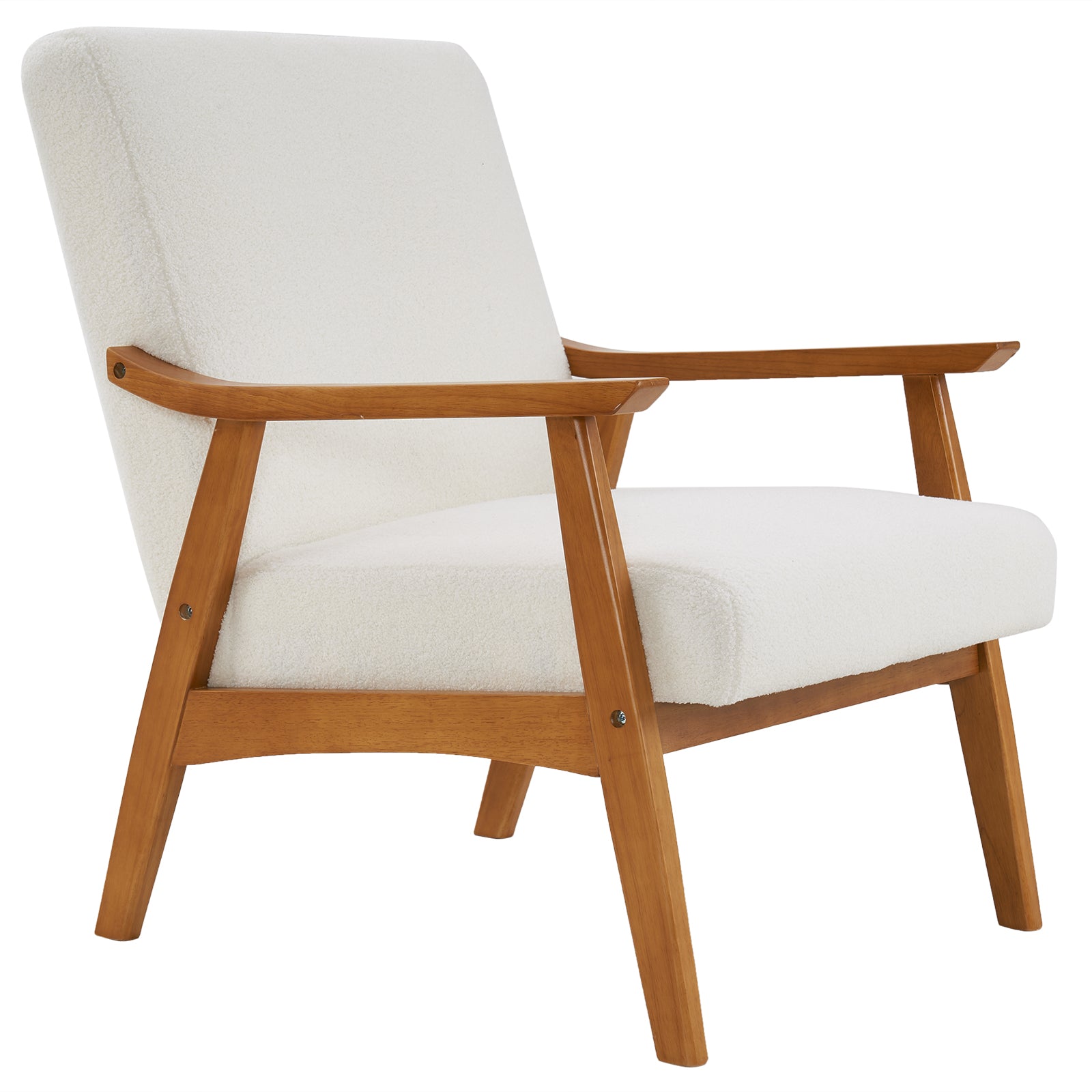 HAOYYE Solid Wood Armrest Lounge Chair, Creamy-White Teddy Velvet, Cozy Single Accent Chair For Living Room, Bedroom, Guestroom.
