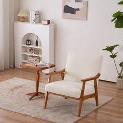 HAOYYE Solid Wood Armrest Lounge Chair, Creamy-White Teddy Velvet, Cozy Single Accent Chair For Living Room, Bedroom, Guestroom.