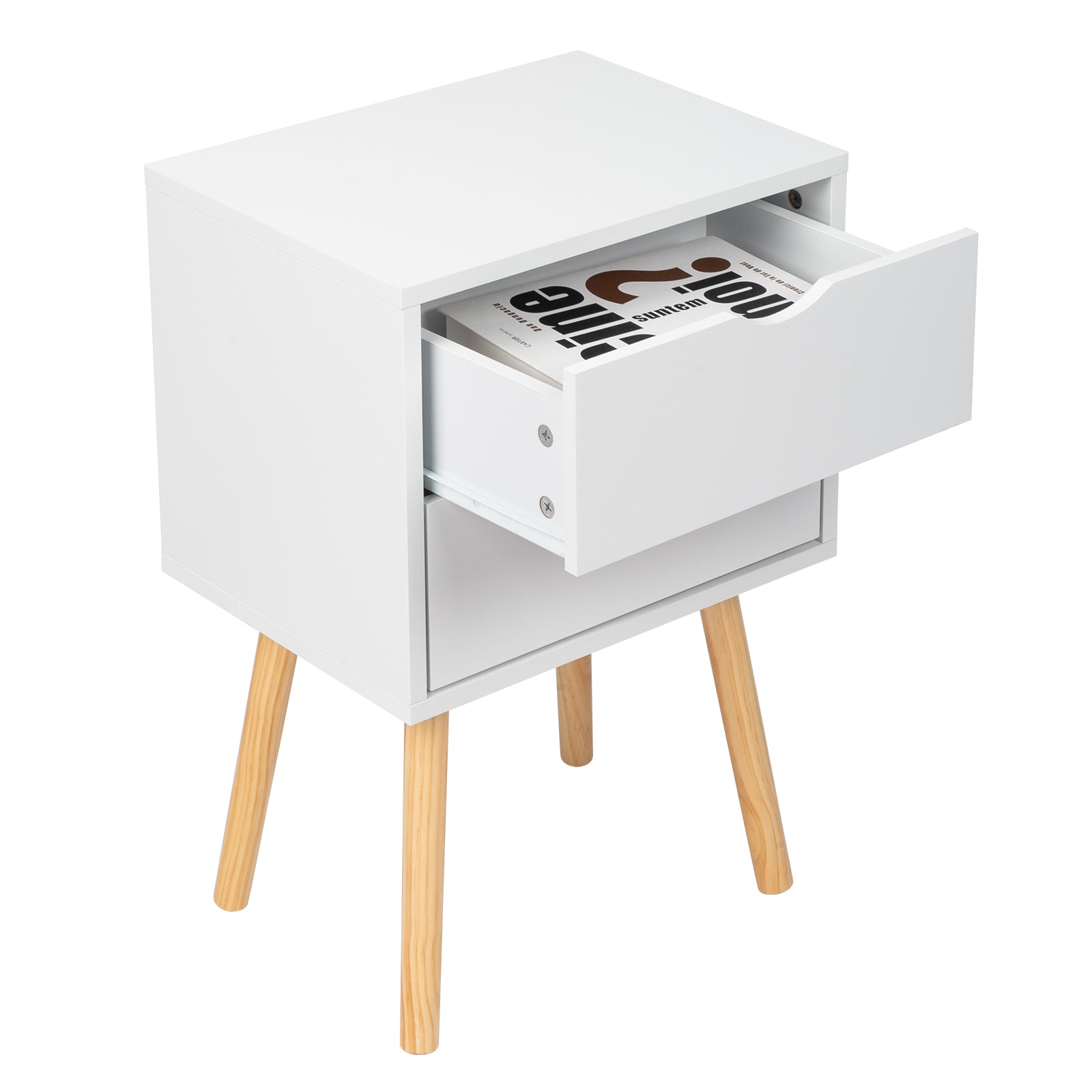 HAOYYE Modern White Bedside Table with Two Drawers and Wood Color High Legs Simple MDF Nightstand with Painted Finish Minimalist Bedroom Storage Cabinet End Table for Living Room Bedroom or Apartment Stylish and Space-Saving Furniture