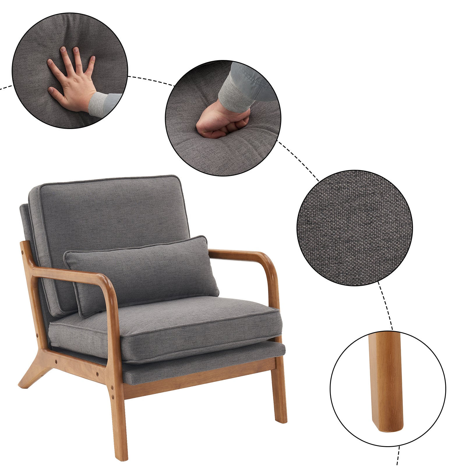 HAOYYE Oak Armrest Upholstered Single Lounge Chair, Dark Grey, Premium Quality, Soft Cozy Flannel Fleece Fabric, Comfortable and Luxurious Design for Indoor Living Room, Bedroom, and Office Decor