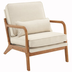 HAOYYE Oak Armrest Upholstered Single Lounge Chair with Comfortable Cushion, Elegant Off-White Indoor Accent Chair, Stylish Modern Design for Living Room, Bedroom, or Office Seating