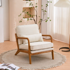 HAOYYE Oak Armrest Upholstered Single Lounge Chair with Comfortable Cushion, Elegant Off-White Indoor Accent Chair, Stylish Modern Design for Living Room, Bedroom, or Office Seating