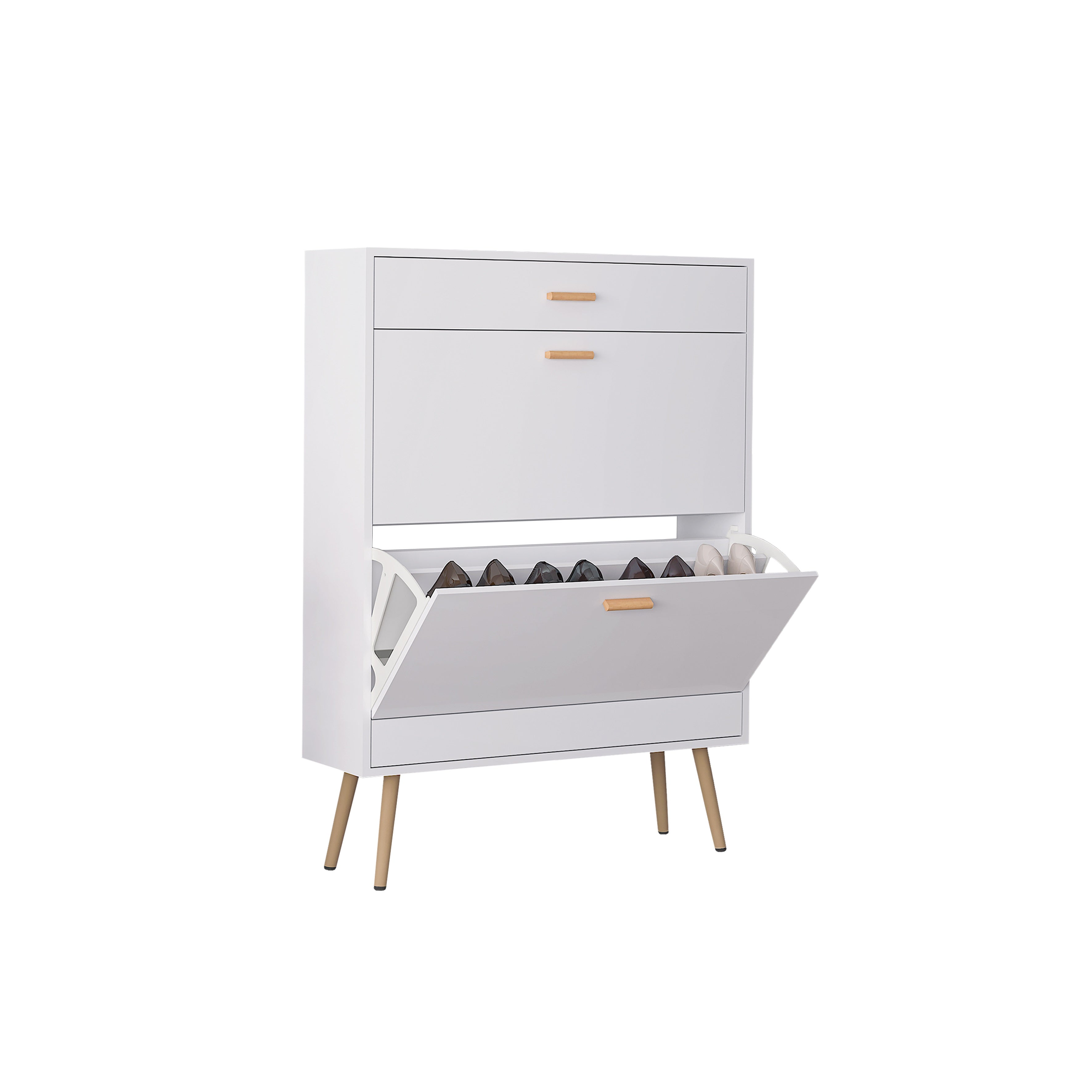 HAOYYE White Shoe Cabinet with 2 Flip Drawers Modern Shoe Rack Storage Organizer for Entryway Hallway or Closet Space-Saving Shoe Storage Cabinet for Heels Boots Sneakers and Slippers Freestanding Narrow Shoe Organizer with Hidden Design