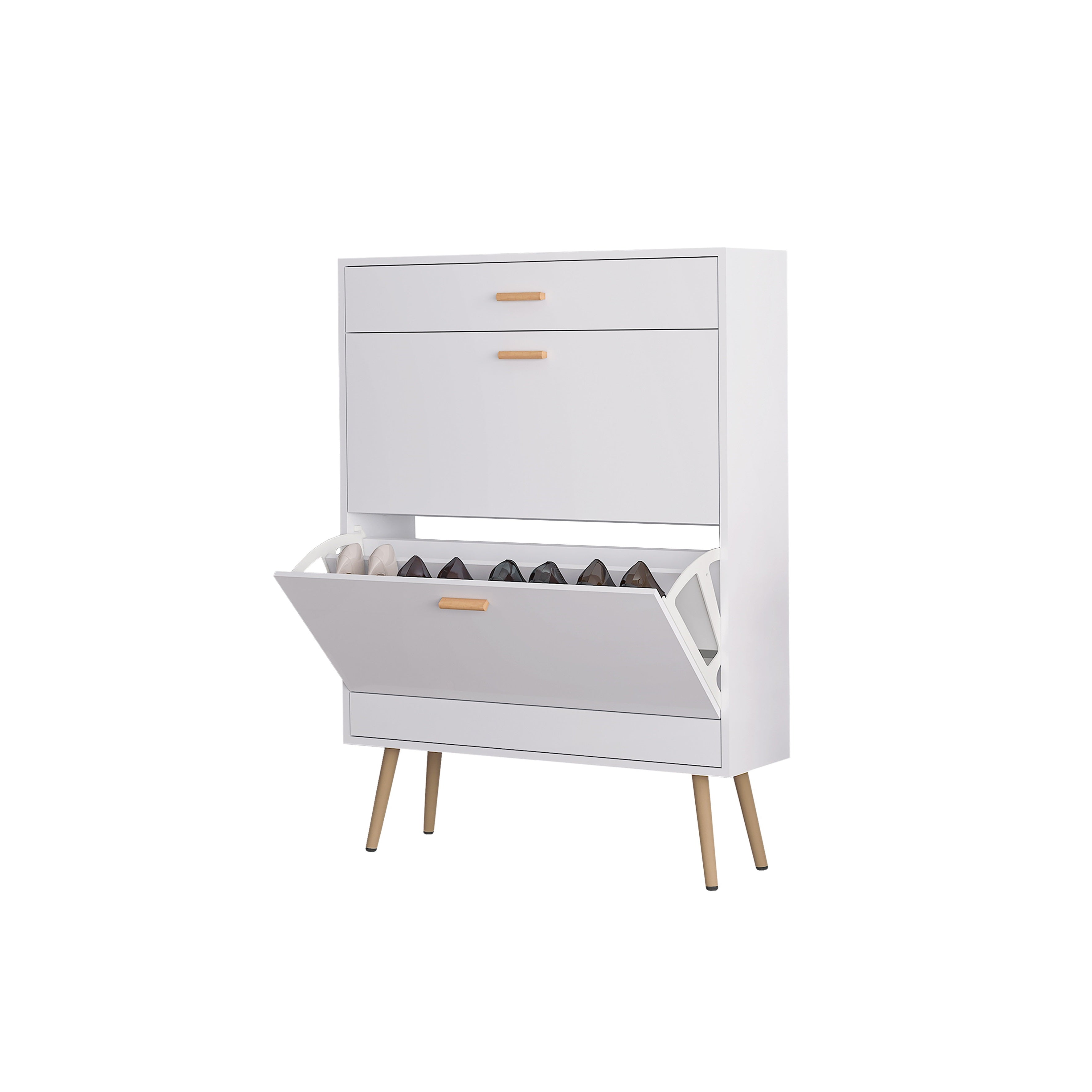 HAOYYE White Shoe Cabinet with 2 Flip Drawers Modern Shoe Rack Storage Organizer for Entryway Hallway or Closet Space-Saving Shoe Storage Cabinet for Heels Boots Sneakers and Slippers Freestanding Narrow Shoe Organizer with Hidden Design