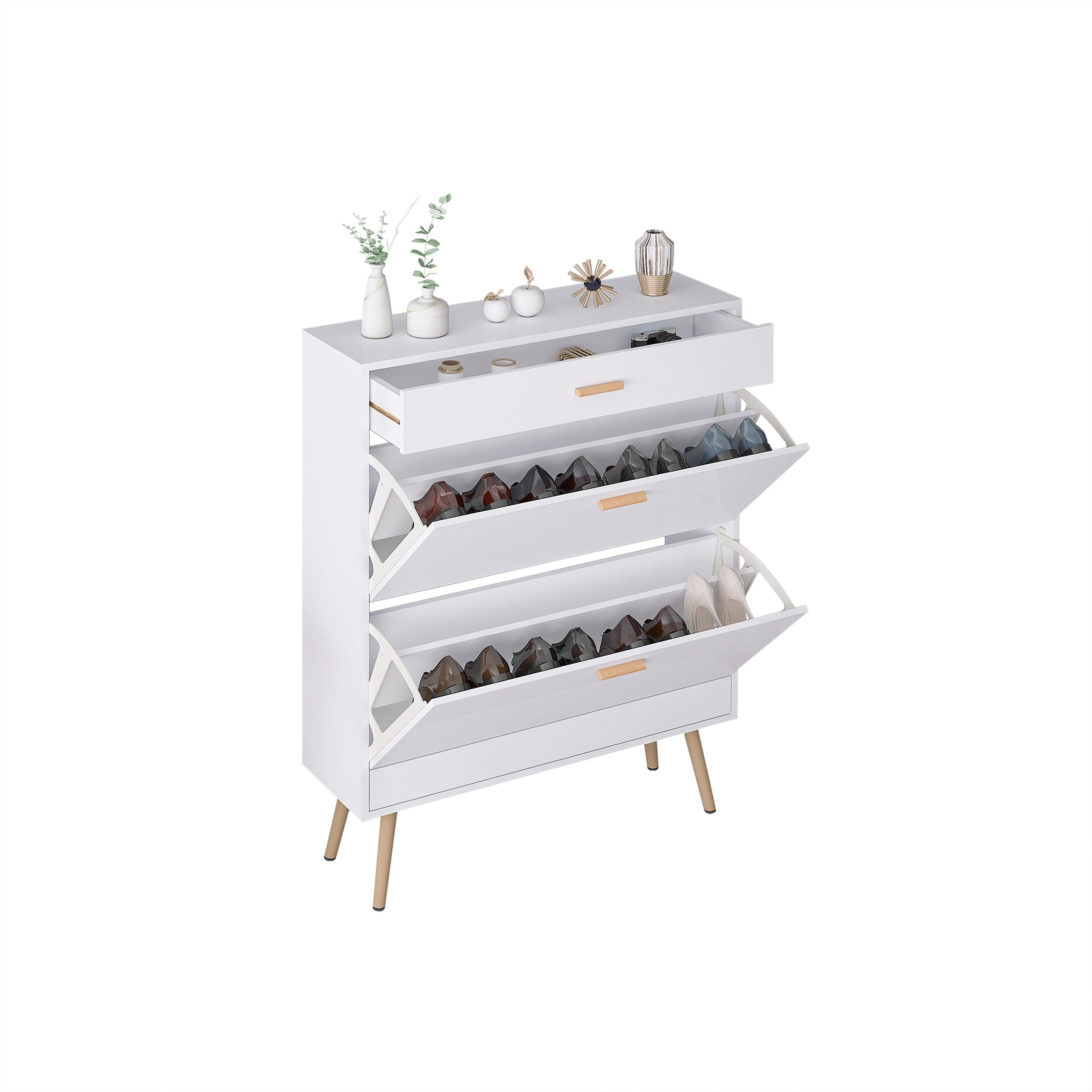 HAOYYE White Shoe Cabinet with 2 Flip Drawers Modern Shoe Rack Storage Organizer for Entryway Hallway or Closet Space-Saving Shoe Storage Cabinet for Heels Boots Sneakers and Slippers Freestanding Narrow Shoe Organizer with Hidden Design
