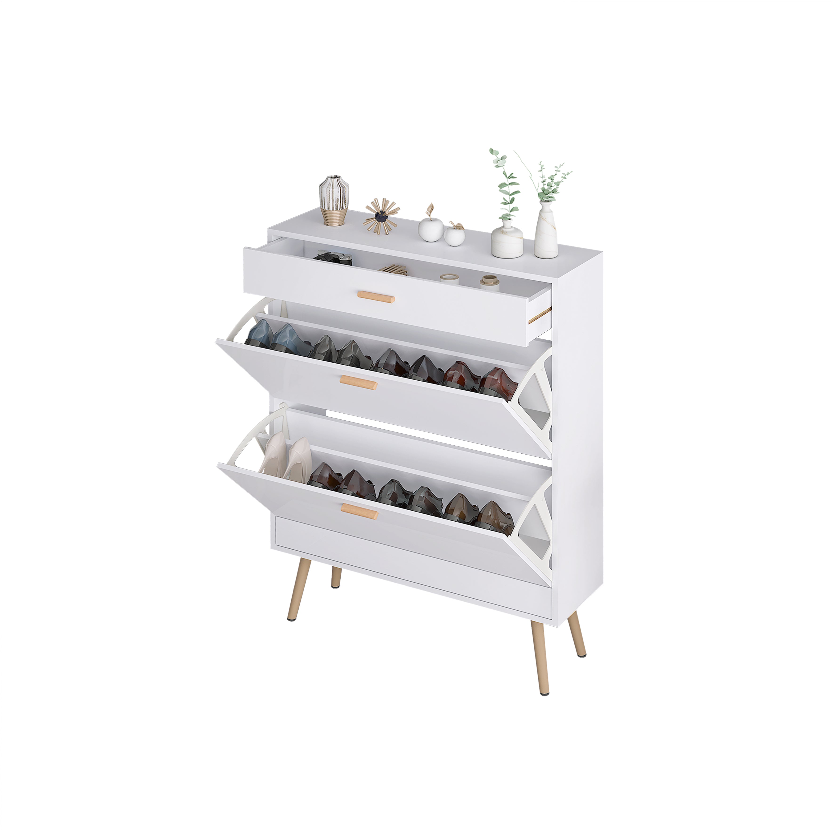 HAOYYE White Shoe Cabinet with 2 Flip Drawers Modern Shoe Rack Storage Organizer for Entryway Hallway or Closet Space-Saving Shoe Storage Cabinet for Heels Boots Sneakers and Slippers Freestanding Narrow Shoe Organizer with Hidden Design