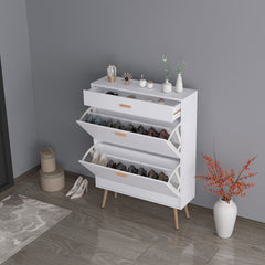 HAOYYE White Shoe Cabinet with 2 Flip Drawers Modern Shoe Rack Storage Organizer for Entryway Hallway or Closet Space-Saving Shoe Storage Cabinet for Heels Boots Sneakers and Slippers Freestanding Narrow Shoe Organizer with Hidden Design