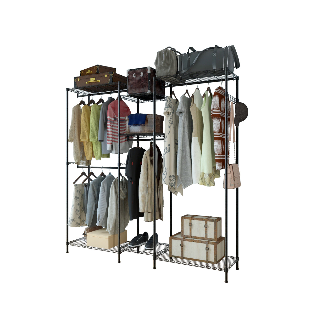 HAOYYE Portable Metal Garment Rack Closet Organizer with Hanging Rod and Storage Shelves Freestanding Clothes Hanger Rack for Bedroom Entryway or Laundry Room Space-Saving Open Wardrobe Shelf for Clothes Shoes and Accessories
