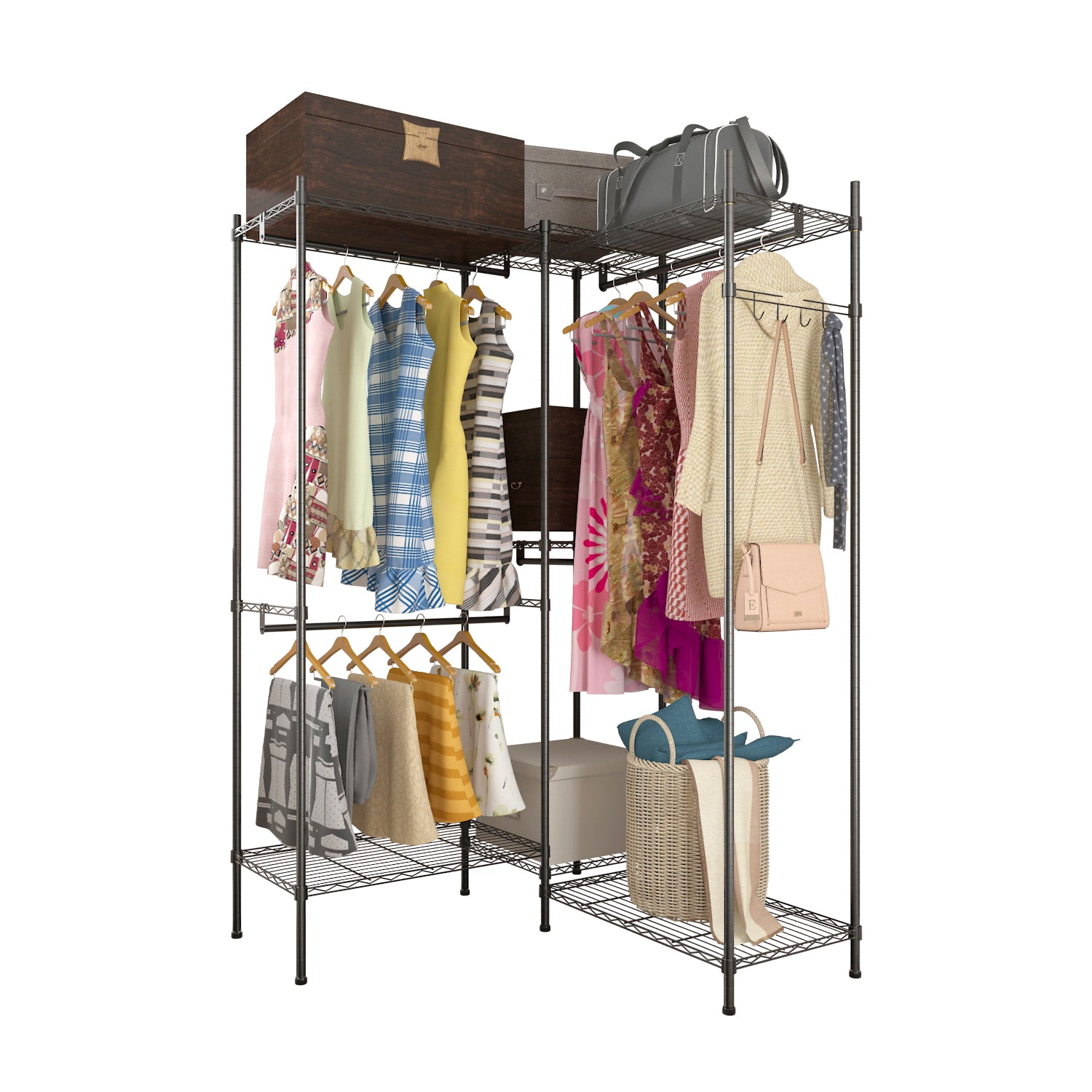 HAOYYE Portable Metal Garment Rack Closet Organizer with Hanging Rod and Storage Shelves Freestanding Clothes Hanger Rack for Bedroom Entryway or Laundry Room Space-Saving Open Wardrobe Shelf for Clothes Shoes and Accessories