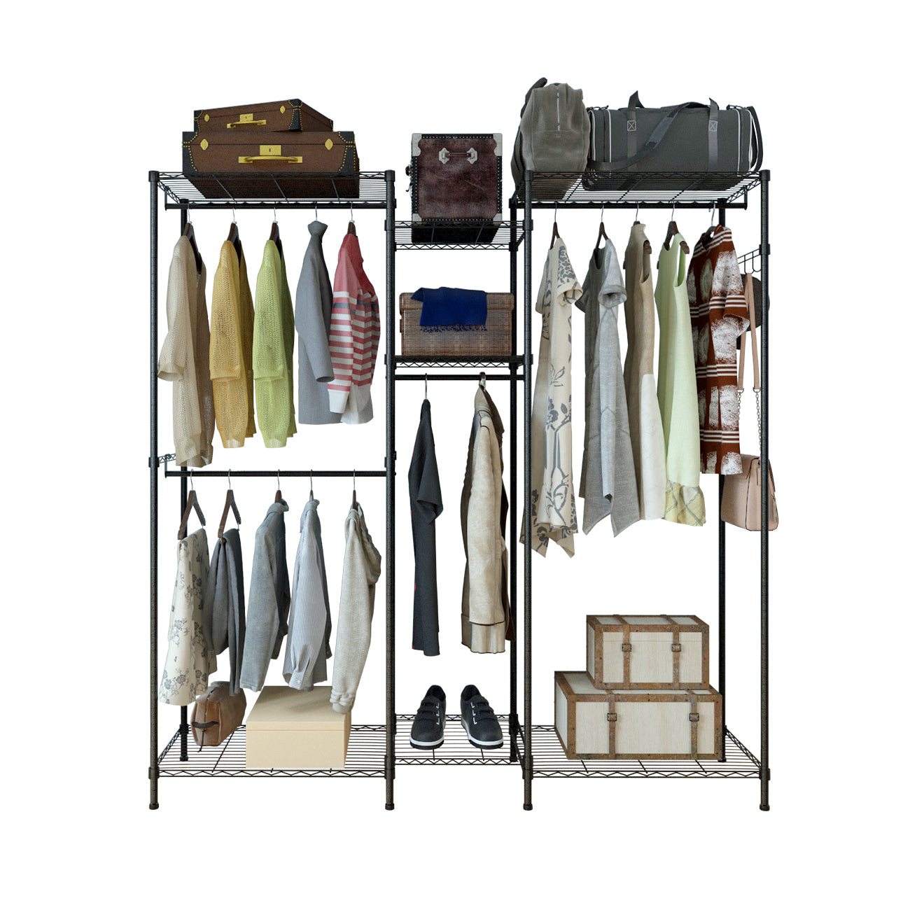 HAOYYE Portable Metal Garment Rack Closet Organizer with Hanging Rod and Storage Shelves Freestanding Clothes Hanger Rack for Bedroom Entryway or Laundry Room Space-Saving Open Wardrobe Shelf for Clothes Shoes and Accessories