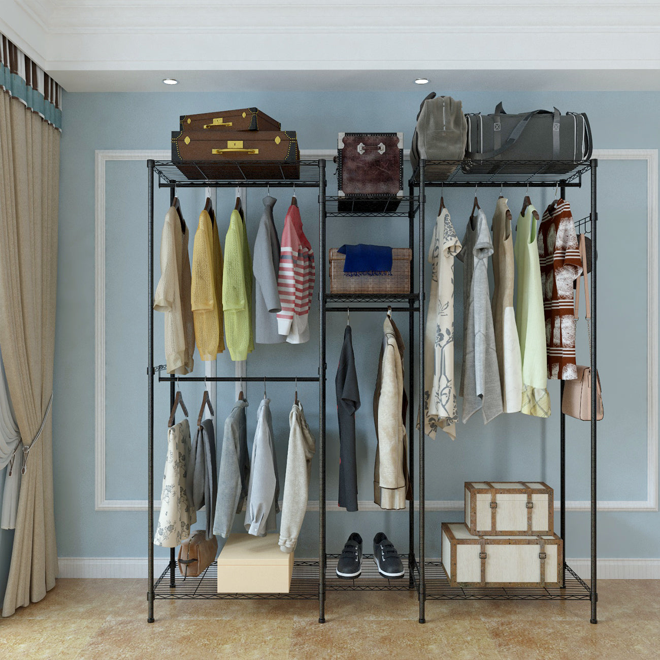 HAOYYE Portable Metal Garment Rack Closet Organizer with Hanging Rod and Storage Shelves Freestanding Clothes Hanger Rack for Bedroom Entryway or Laundry Room Space-Saving Open Wardrobe Shelf for Clothes Shoes and Accessories