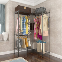 HAOYYE Portable Metal Garment Rack Closet Organizer with Hanging Rod and Storage Shelves Freestanding Clothes Hanger Rack for Bedroom Entryway or Laundry Room Space-Saving Open Wardrobe Shelf for Clothes Shoes and Accessories