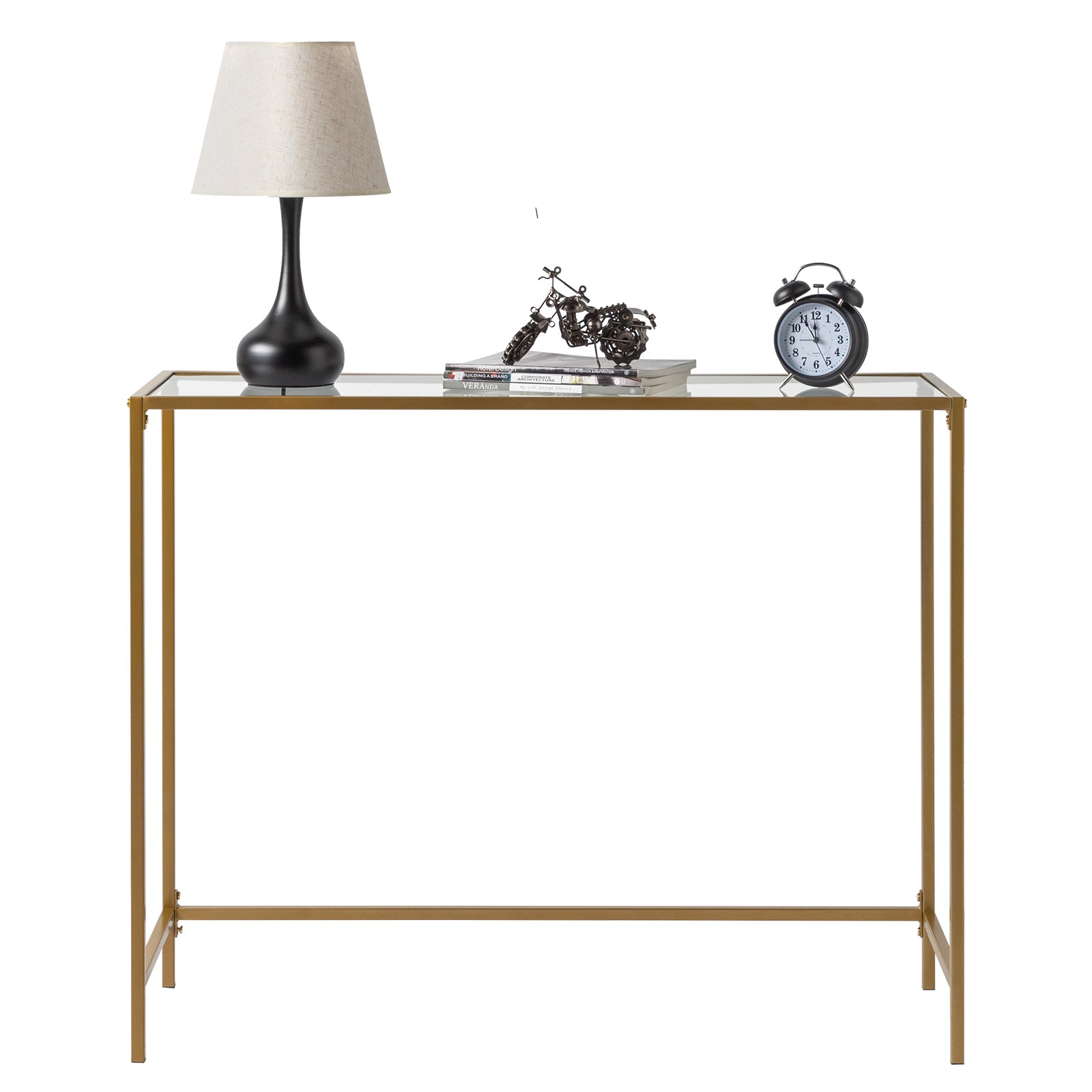 HAOYYE 39.4" Gold Console Table, Tempered Glass Top, Metal Frame, Durable And Stylish, Perfect For Entryway, Living Room, Hallway, Modern Space-Saving Design, Multifunctional Home Organizer