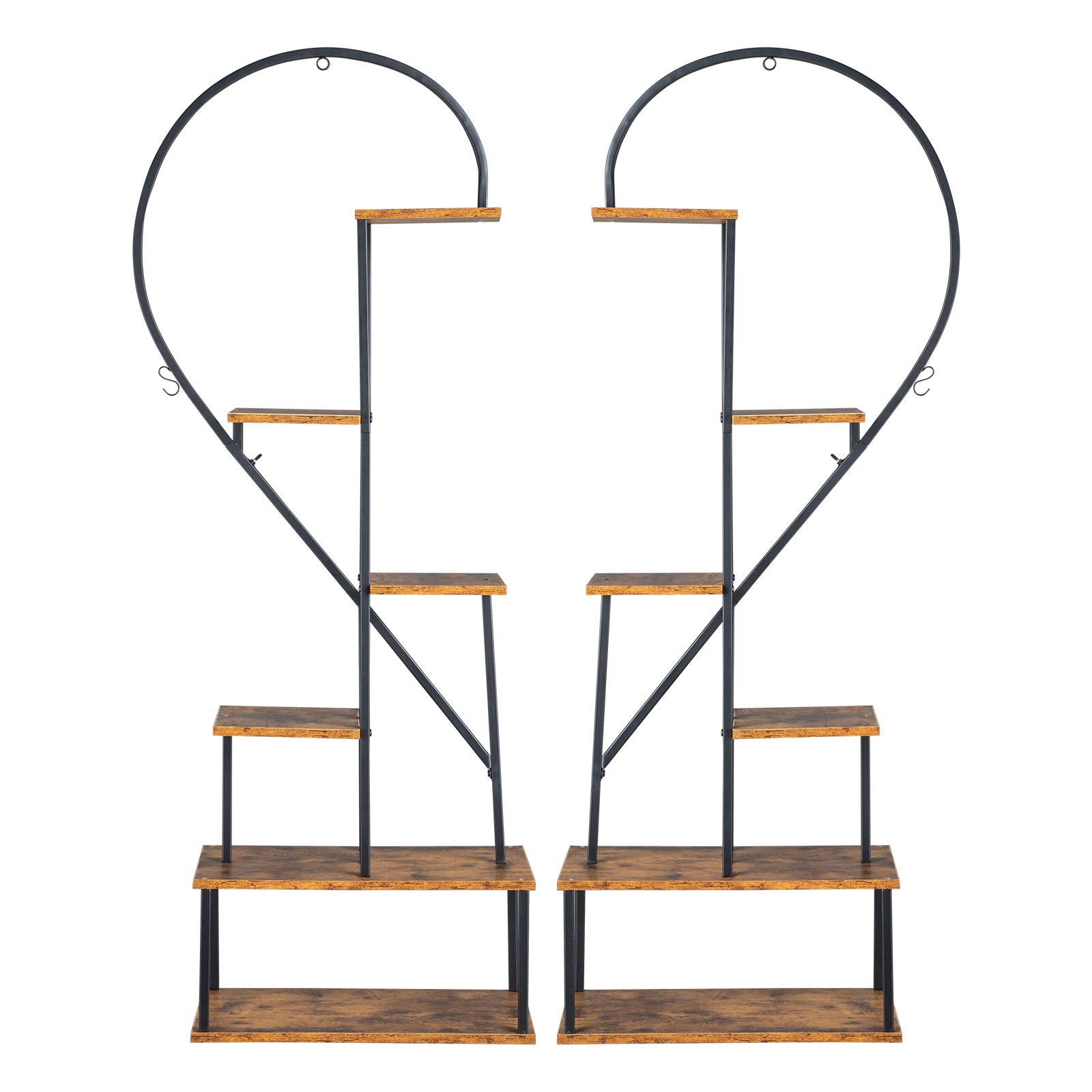 HAOYYE 2pcs 6-Layer Half Heart Iron and Wood Plant Stand, Durable Metal Flower Pot Holder for Garden, Balcony, Patio, Lawn, and Home Decoration, Stylish Black Flower Display Rack for Indoor and Outdoor Use