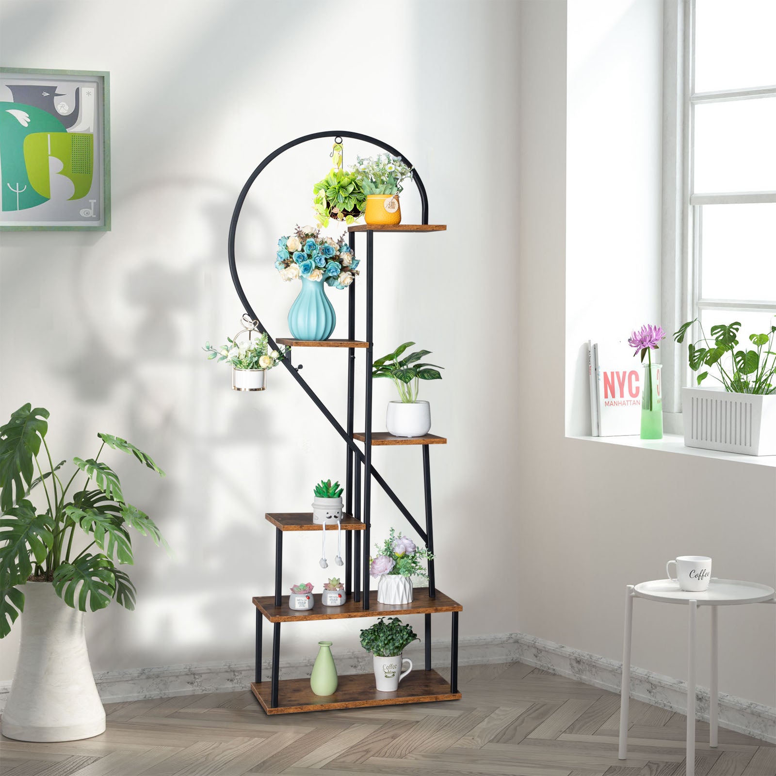 HAOYYE 2pcs 6-Layer Half Heart Iron and Wood Plant Stand, Durable Metal Flower Pot Holder for Garden, Balcony, Patio, Lawn, and Home Decoration, Stylish Black Flower Display Rack for Indoor and Outdoor Use