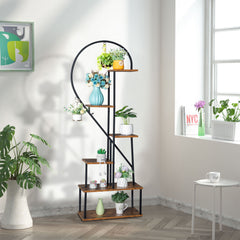 HAOYYE 2pcs 6-Layer Half Heart Iron and Wood Plant Stand, Durable Metal Flower Pot Holder for Garden, Balcony, Patio, Lawn, and Home Decoration, Stylish Black Flower Display Rack for Indoor and Outdoor Use
