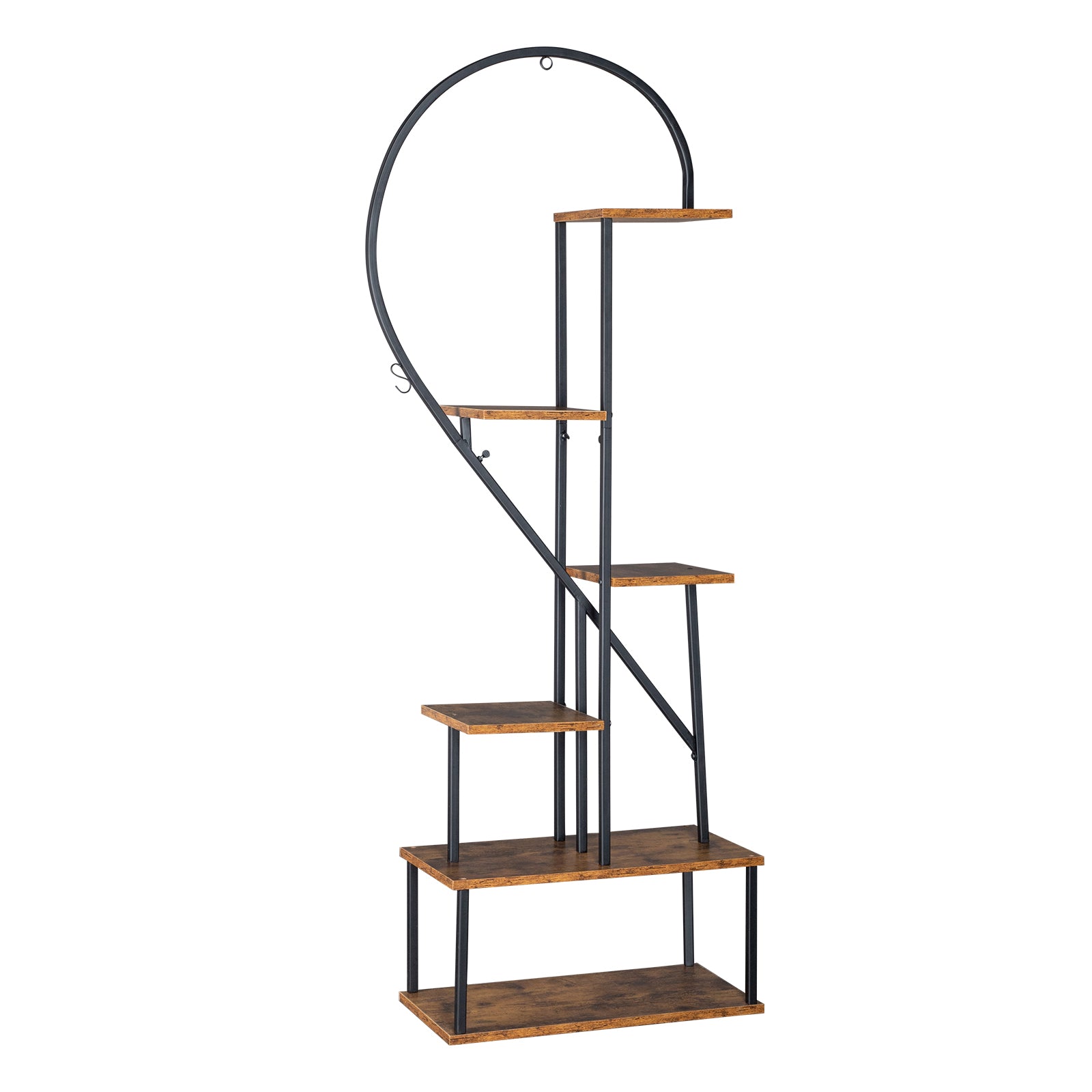 HAOYYE 2pcs 6-Layer Half Heart Iron and Wood Plant Stand, Durable Metal Flower Pot Holder for Garden, Balcony, Patio, Lawn, and Home Decoration, Stylish Black Flower Display Rack for Indoor and Outdoor Use