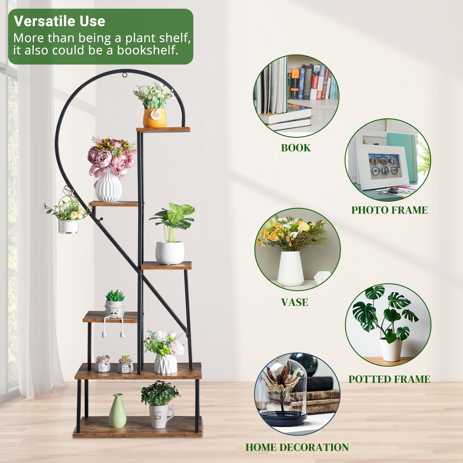 HAOYYE 2pcs 6-Layer Half Heart Iron and Wood Plant Stand, Durable Metal Flower Pot Holder for Garden, Balcony, Patio, Lawn, and Home Decoration, Stylish Black Flower Display Rack for Indoor and Outdoor Use