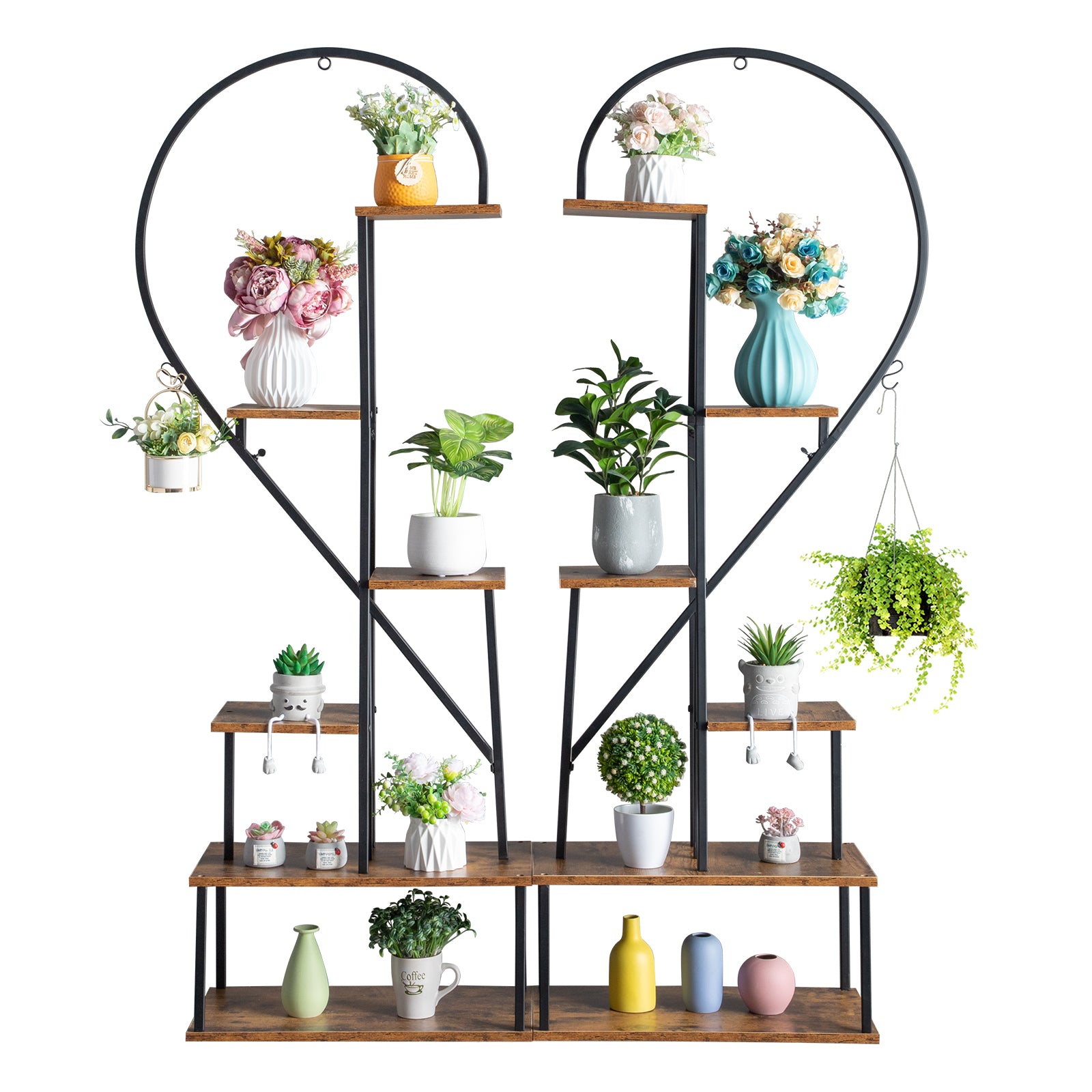 HAOYYE 2pcs 6-Layer Half Heart Iron and Wood Plant Stand, Durable Metal Flower Pot Holder for Garden, Balcony, Patio, Lawn, and Home Decoration, Stylish Black Flower Display Rack for Indoor and Outdoor Use
