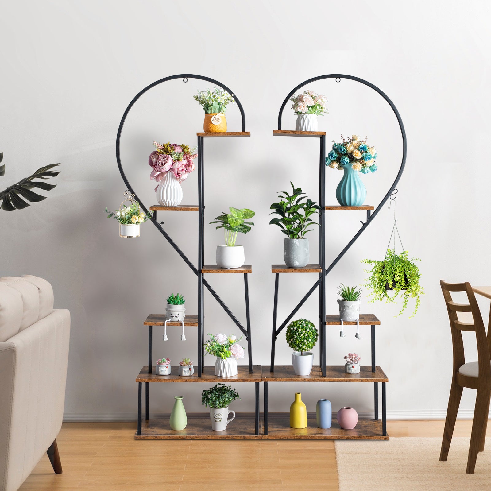 HAOYYE 2pcs 6-Layer Half Heart Iron and Wood Plant Stand, Durable Metal Flower Pot Holder for Garden, Balcony, Patio, Lawn, and Home Decoration, Stylish Black Flower Display Rack for Indoor and Outdoor Use