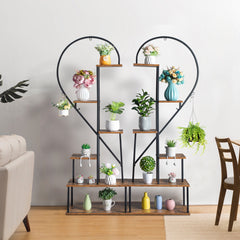 HAOYYE 2pcs 6-Layer Half Heart Iron and Wood Plant Stand, Durable Metal Flower Pot Holder for Garden, Balcony, Patio, Lawn, and Home Decoration, Stylish Black Flower Display Rack for Indoor and Outdoor Use