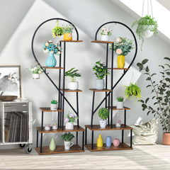 HAOYYE 2pcs 6-Layer Half Heart Iron and Wood Plant Stand, Durable Metal Flower Pot Holder for Garden, Balcony, Patio, Lawn, and Home Decoration, Stylish Black Flower Display Rack for Indoor and Outdoor Use